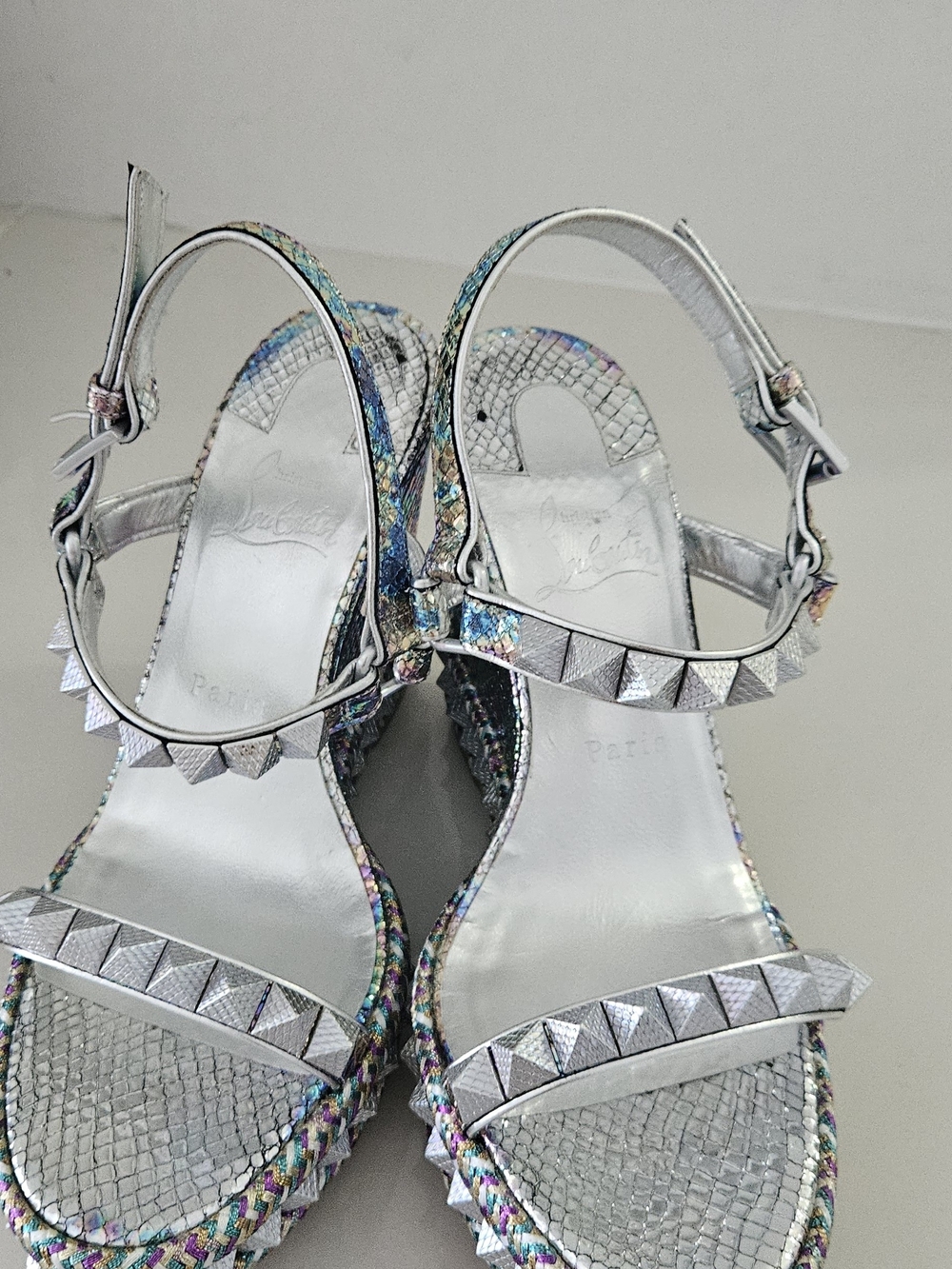 Christian Louboutin Silver Metallic Studded Sandals with Iridescent Trim Size 39